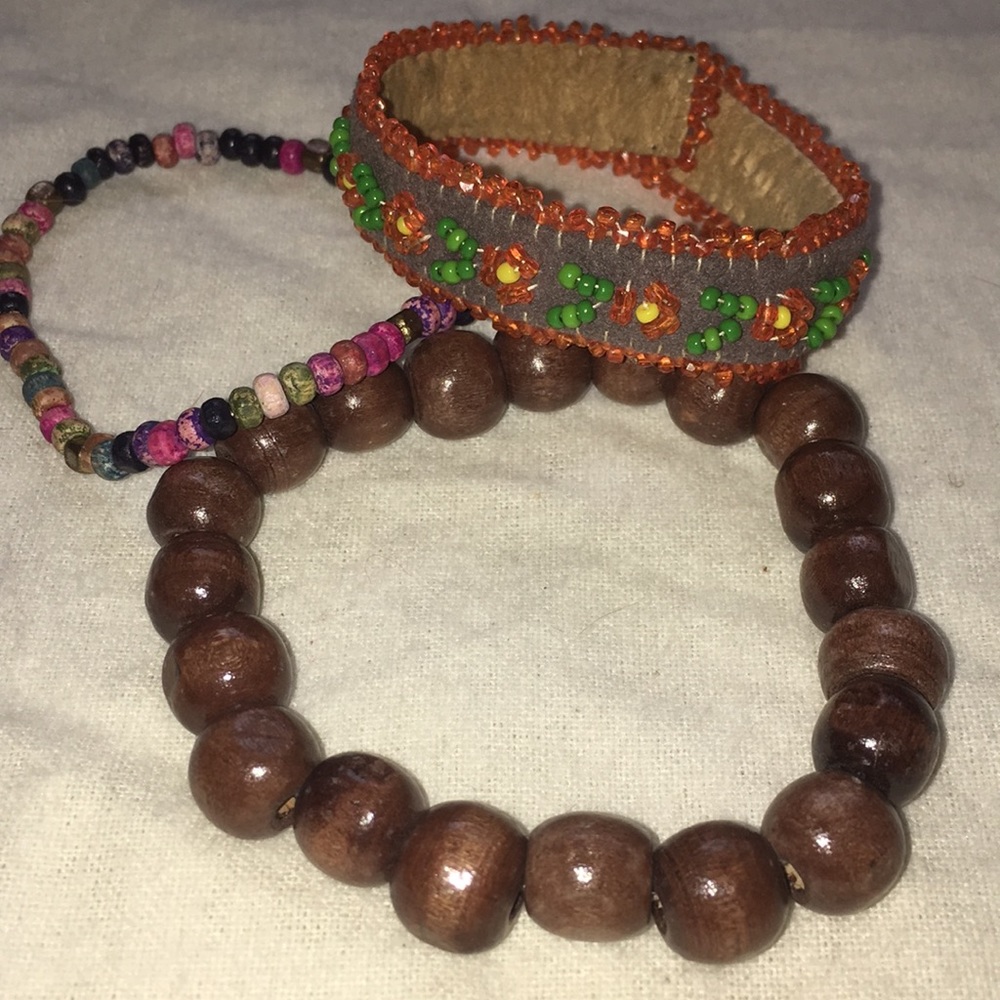 Lot of 3 Beaded boho bracelets- wooden, floral